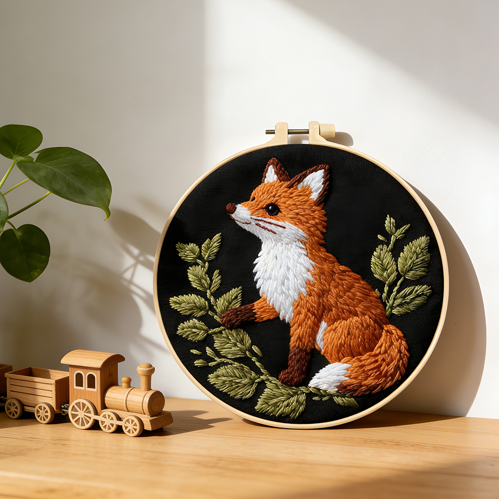 Art Craft With Leaves - DIY Embroidery Kit Fox Animal Printed
