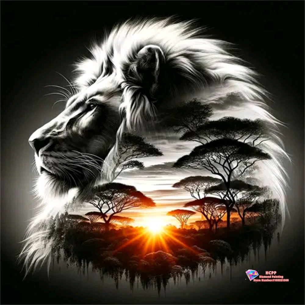 Art And Craft Jungle - Animal Lion Sunrise Jungle Diamond Painting