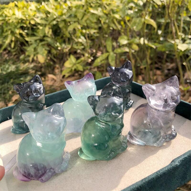 Natural Fluorite Cat Carving C - Art Craft Cat ulasan dan harga