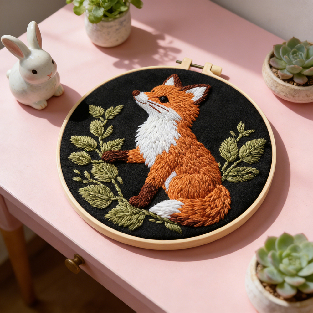 DIY Embroidery Kit Fox Animal  - Art Craft With Leaves ulasan dan harga