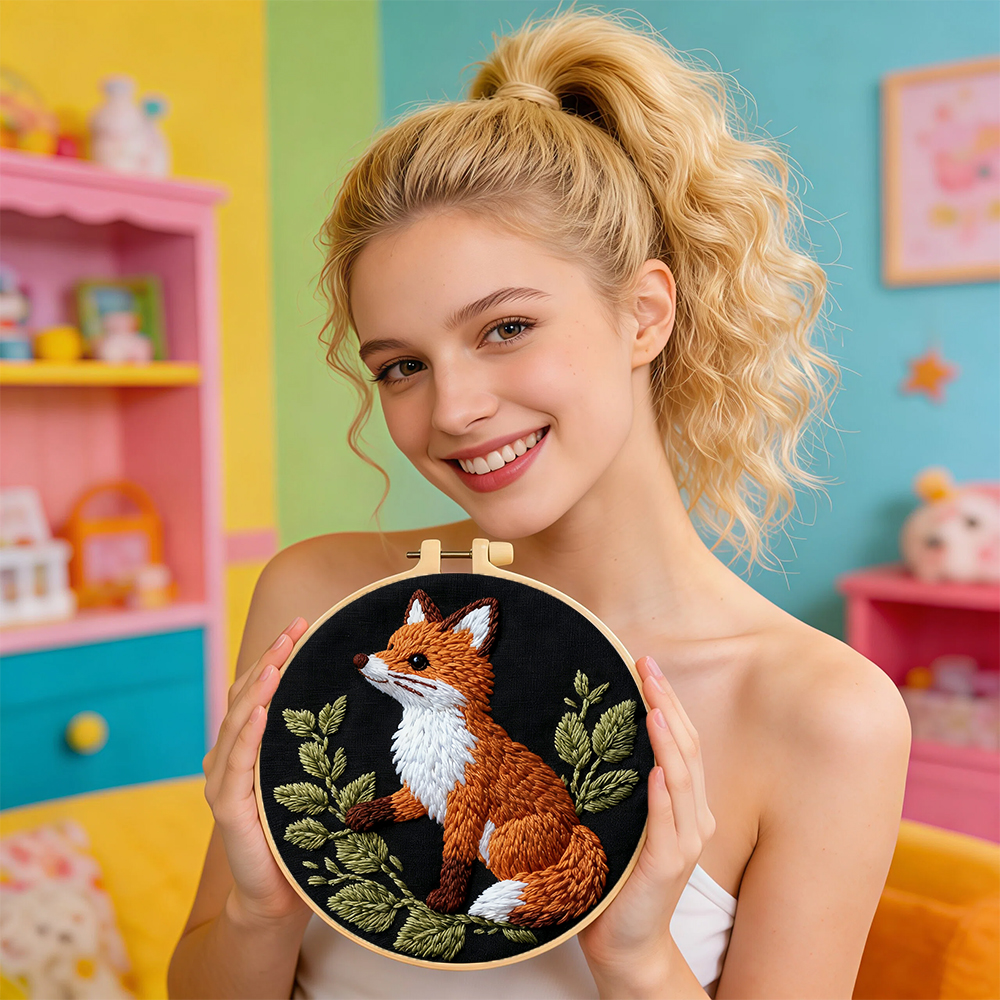 DIY Embroidery Kit Fox Animal  - Art Craft With Leaves ulasan dan harga